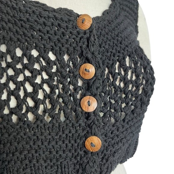 Womens Crochet Crop Top Size M Button Up Chunky Open Knit Black Boho Festival - Picture 4 of 6
